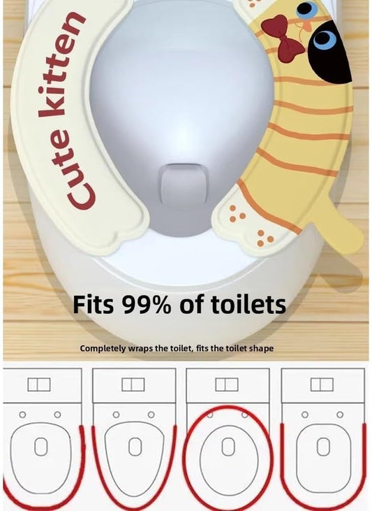 Waterproof EVA Toilet Seat Cover with Cartoon Visuals and Non Slip Base plus Fastener for Standard Toilet Seat Compatibility (cat)