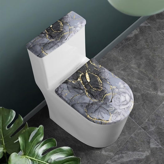 Gray Marble Toilet Cover Set 2 Pack Toilet Seat and Tank Lid Cover Replacement Universal with Elastic Bottom Easy to Clean Bathroom Home Indoor Decoration