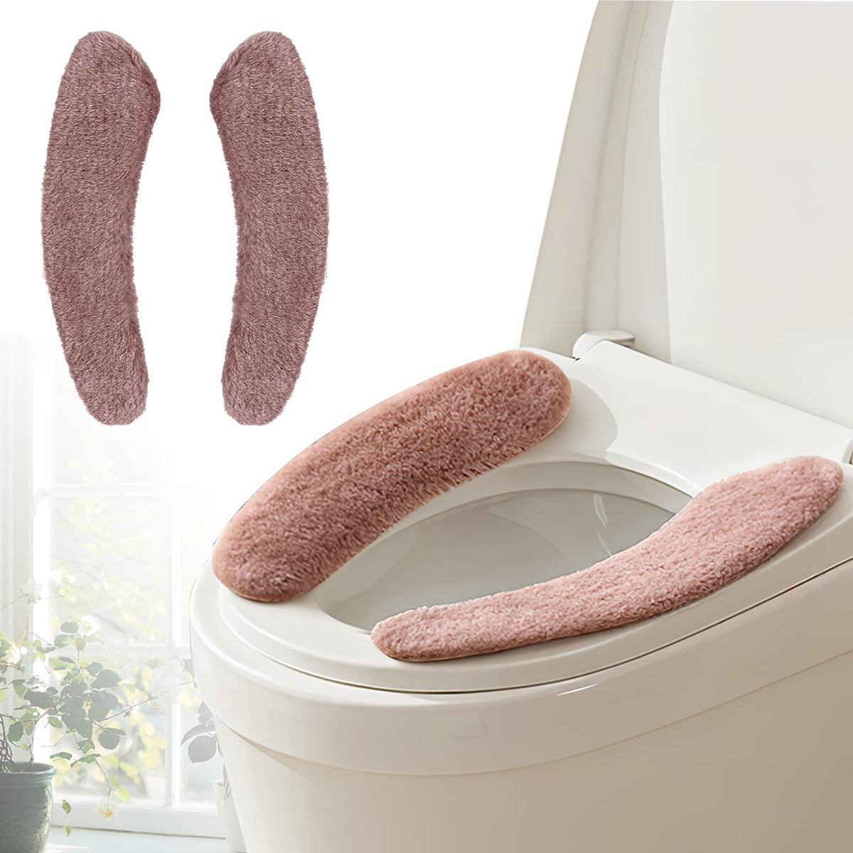 Plush Toilet Seat Cover Pads - Washable Warm Cushion, Soft Bathroom Warmer Mat - Universal Self Adhesive Design (White)