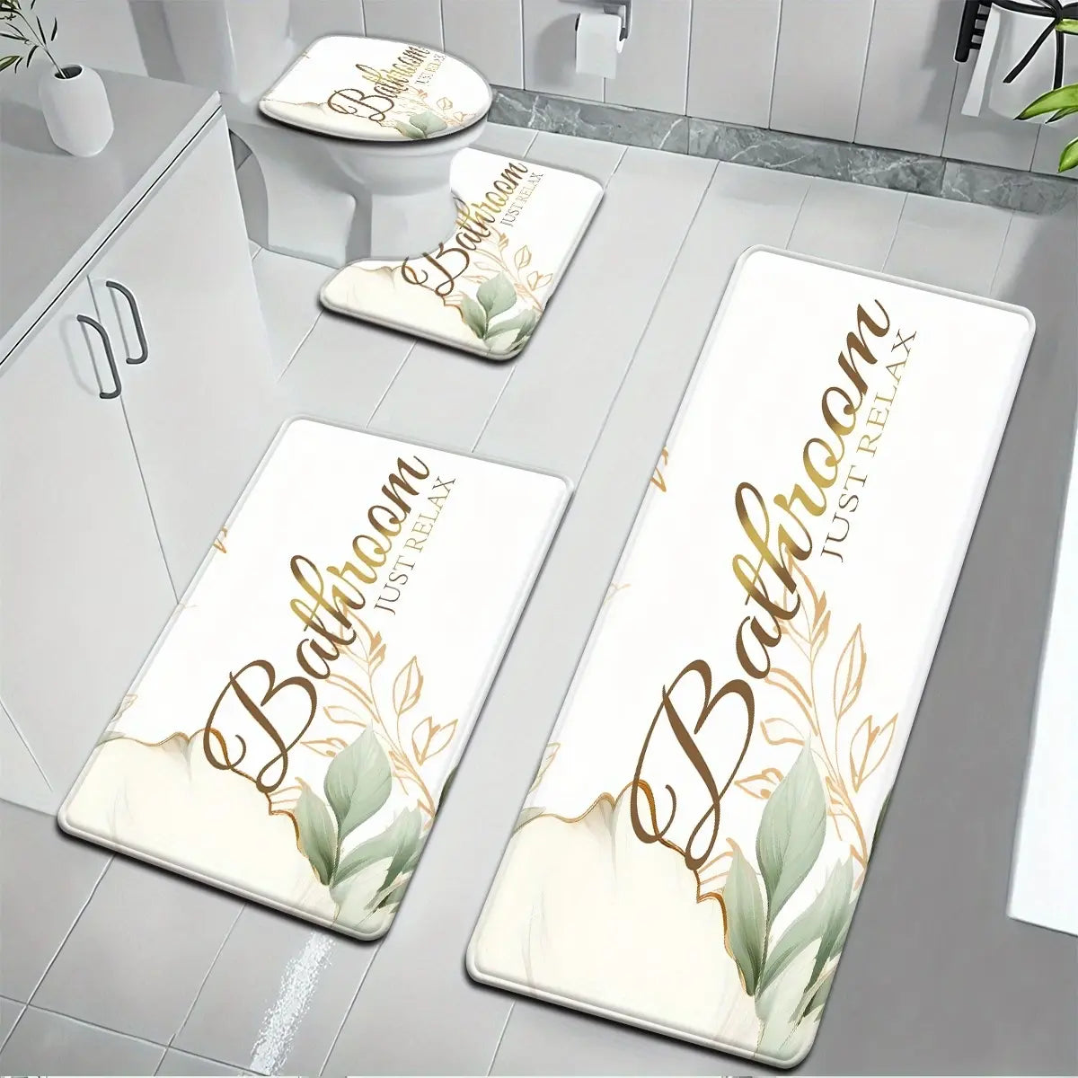 [Bathroom Mat Set] 3pcs/4pcs Golden White Marble pattern printing Bathroom Mat Set |   U-shaped Toilet Seat Cover non-slip laundry room mat living space