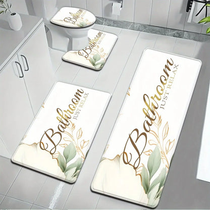 [Bathroom Mat Set] 3pcs/4pcs Golden White Marble pattern printing Bathroom Mat Set |   U-shaped Toilet Seat Cover non-slip laundry room mat living space