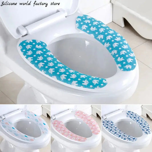 Silicone World 1 Pair Reusable Warm Toilet Seat Filling Washable Bathroom Mat Seat Cover Thick Cartoon Sticky Toilet Cushion