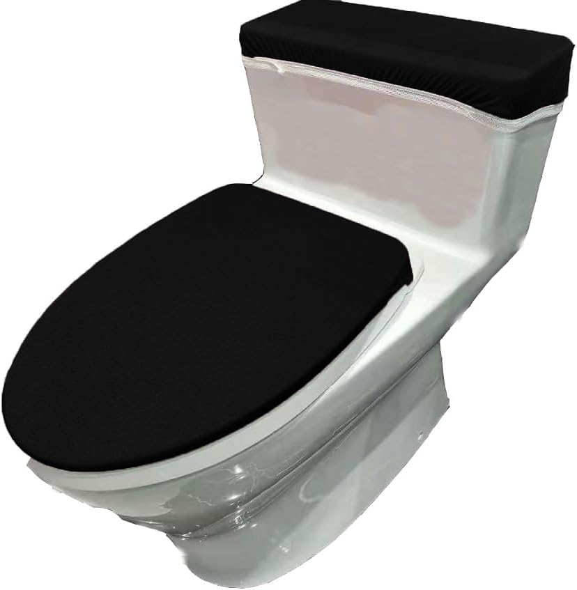 Madeals Velvet Toilet Lid Cover and Toilet Tank Lid Cover Fabric Cover for A Lid Toilet Tank Black