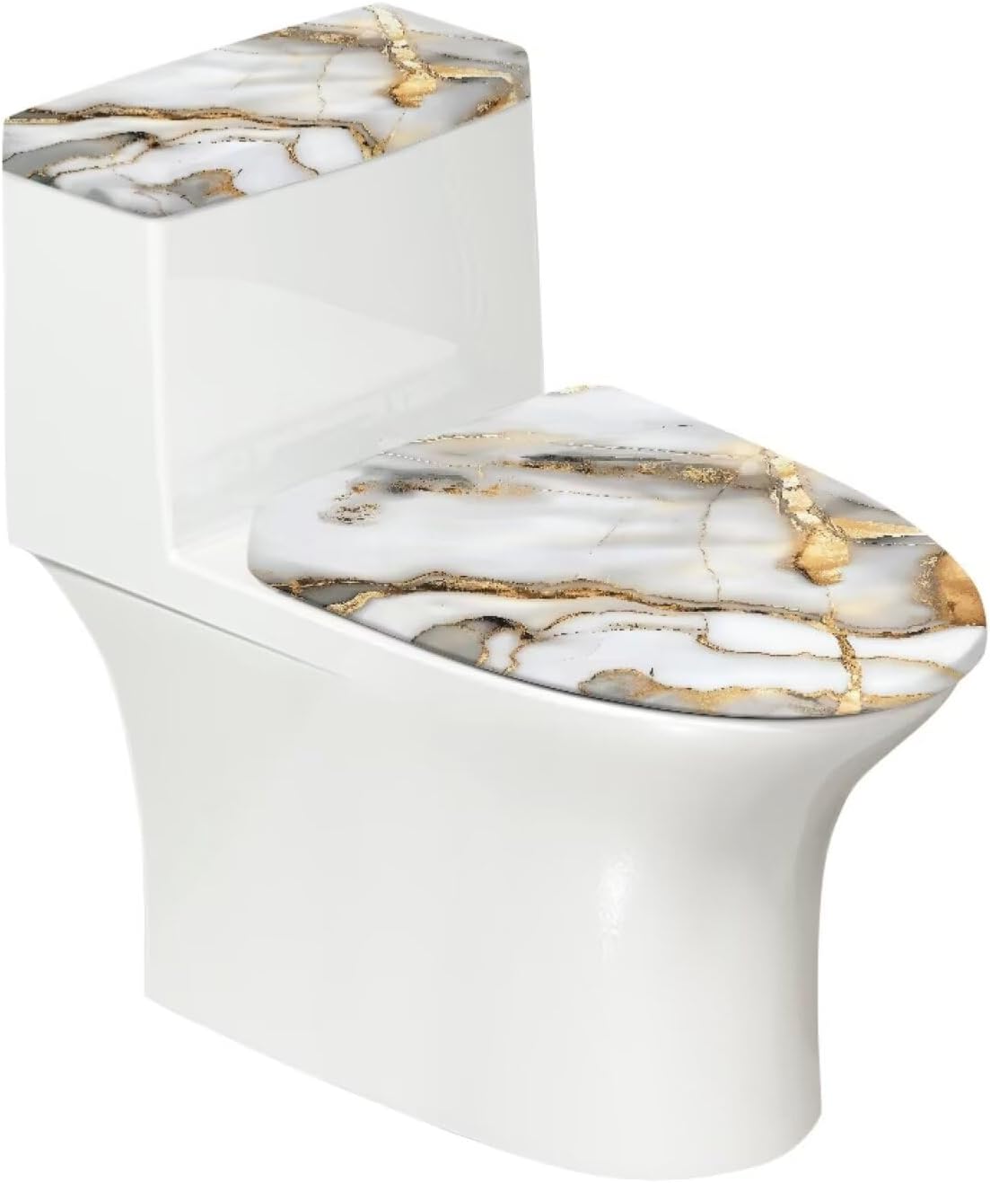 White Marble Lid Cover and Toilet Tank Lid Cover Set of 2,Modern Marble Print Toilet Decoration Replacement Novelty Decorations for Bathroom Accessory Fit Most Round Elongated and Oblong