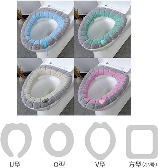Bathroom Soft Thicker Warmer Stretchable Washable Cloth Toilet Seat Cover Pads with Handle, Toilet Seat Cushion Cover (Grey Beige)