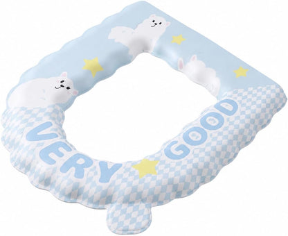 Cleanable Waterproof Toilet Seat Cushion, Round EVA Toilet Seat Cover 37x42cm, Blue Bear Cartoon Lace Padded Toilet Pad