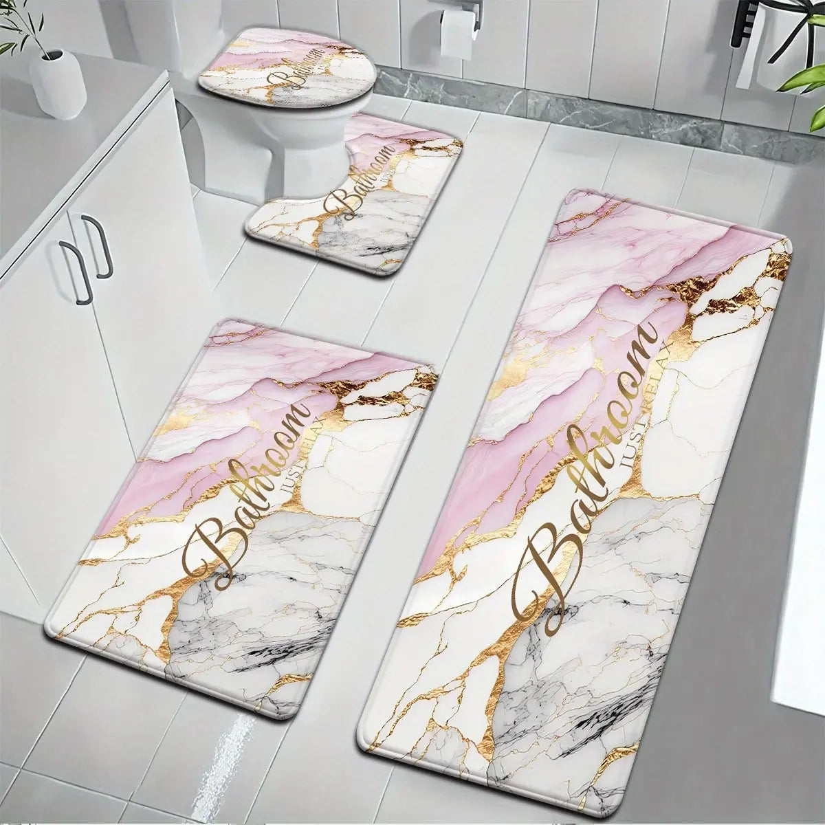 [Bathroom Mat Set] 3pcs/4pcs Golden White Marble pattern printing Bathroom Mat Set |   U-shaped Toilet Seat Cover non-slip laundry room mat living space