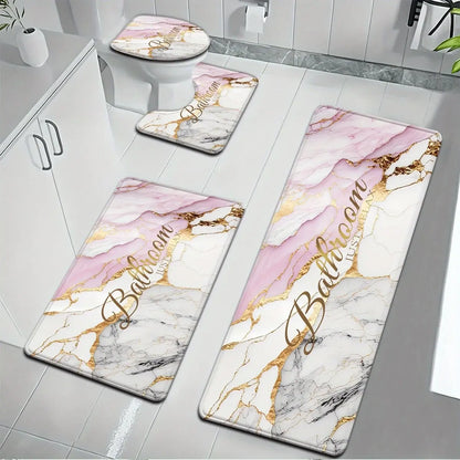 [Bathroom Mat Set] 3pcs/4pcs Golden White Marble pattern printing Bathroom Mat Set |   U-shaped Toilet Seat Cover non-slip laundry room mat living space