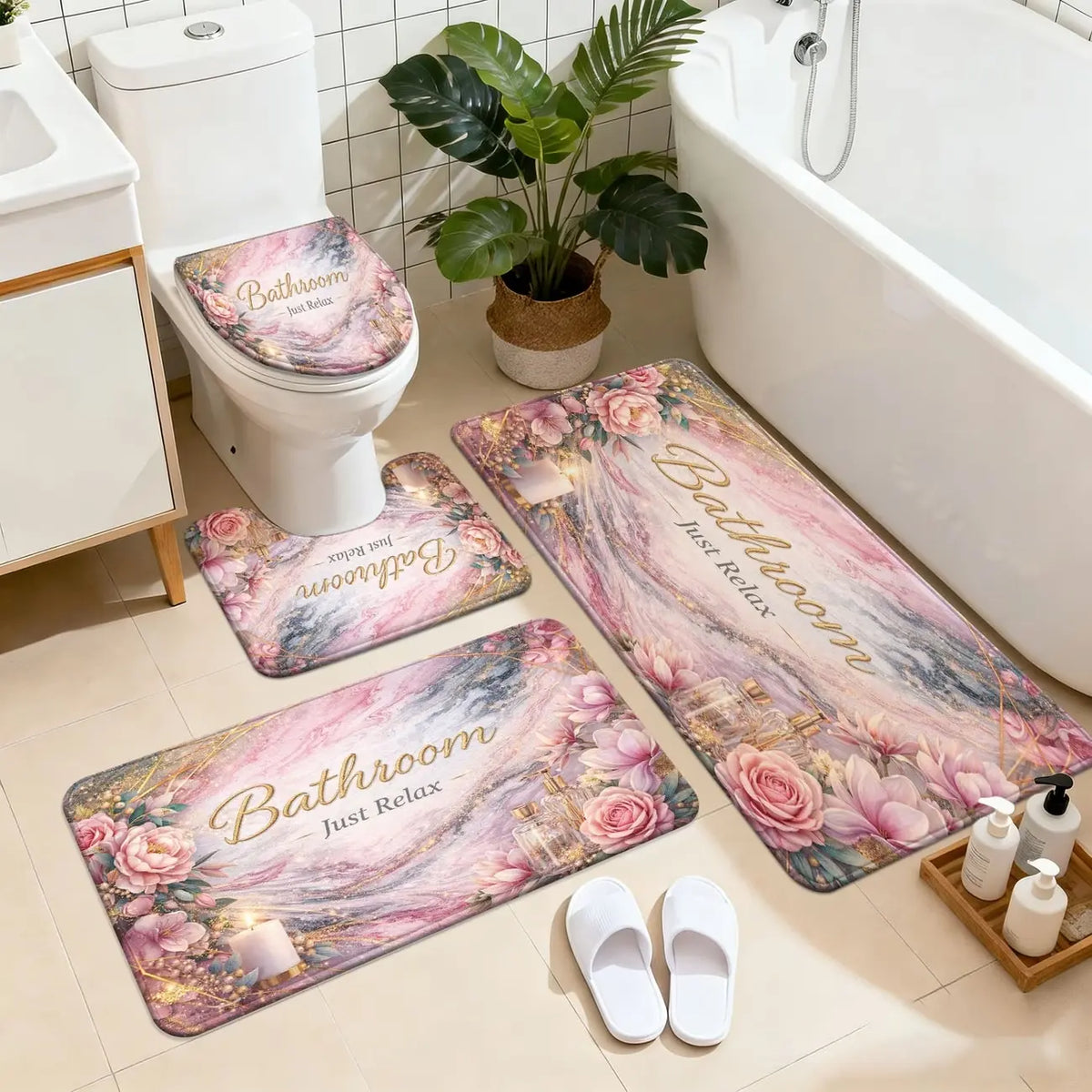 [Bathroom Mat Set] 3pcs/4pcs Golden White Marble pattern printing Bathroom Mat Set |   U-shaped Toilet Seat Cover non-slip laundry room mat living space
