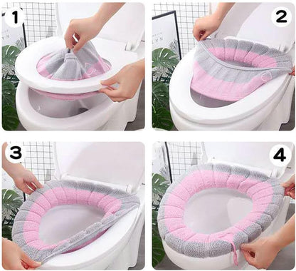 Bathroom Soft Thicker Warmer Stretchable Washable Cloth Toilet Seat Cover Pads with Handle, Toilet Seat Cushion Cover (Grey Beige)
