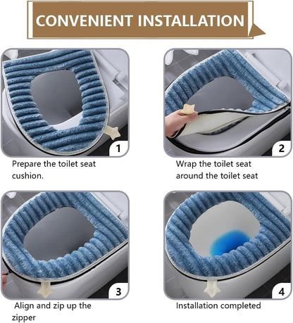 Toilet Seat Warmer Cover,Bathroom Soft Thicker Warmer with Zipper Snaps Fixed Stretchable Washable Fiber Cloth Toilet Seat Covers Pads Easy Installation& Cleaning (Blue)