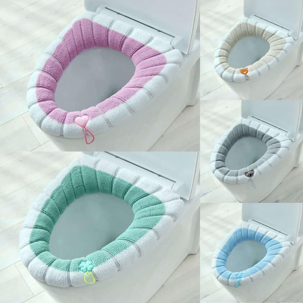 Bathroom Soft Thicker Warmer Stretchable Washable Cloth Toilet Seat Cover Pads with Handle, Toilet Seat Cushion Cover (Grey Beige)