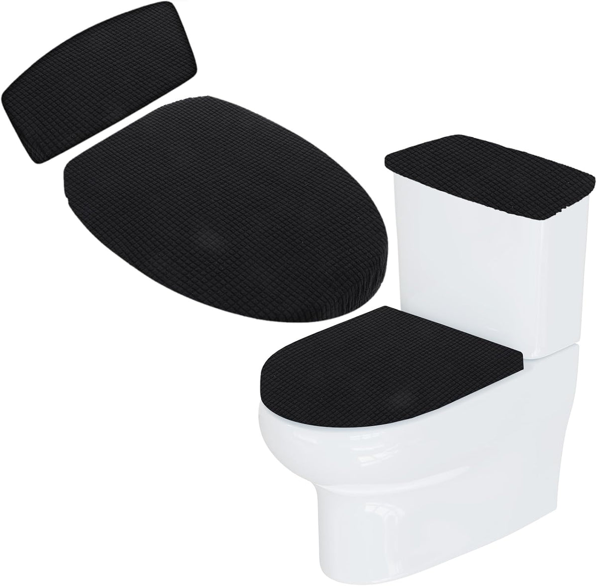 Universal Black Polyester Toilet Lid and Tank Cover Set with Elastic Bottom, Easy Maintenance, Stain Protection, Fabric Cover for Toilet Top and Back of Tank Replacement