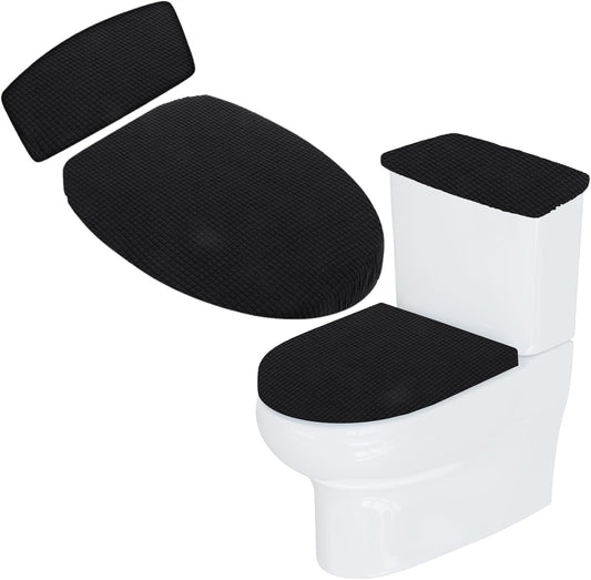 Universal Black Polyester Toilet Lid and Tank Cover Set with Elastic Bottom, Easy Maintenance, Stain Protection, Fabric Cover for Toilet Top and Back of Tank Replacement