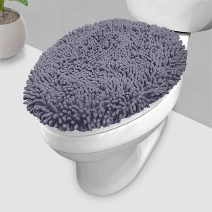 LuxUrux Premium Chenille Microfiber Toilet Lid Cover, Soft Plush Toilet Seat Cover Set for Bathroom, Non-Slip Stretch Fit, Machine Washable, Fits Standard & Elongated Toilet Seat Lid (Light Gray)
