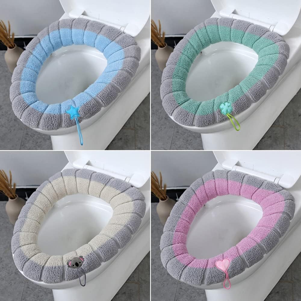 Bathroom Soft Thicker Warmer Stretchable Washable Cloth Toilet Seat Cover Pads with Handle, Toilet Seat Cushion Cover (Grey Beige)