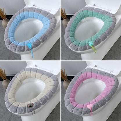 Bathroom Soft Thicker Warmer Stretchable Washable Cloth Toilet Seat Cover Pads with Handle, Toilet Seat Cushion Cover (Grey Beige)