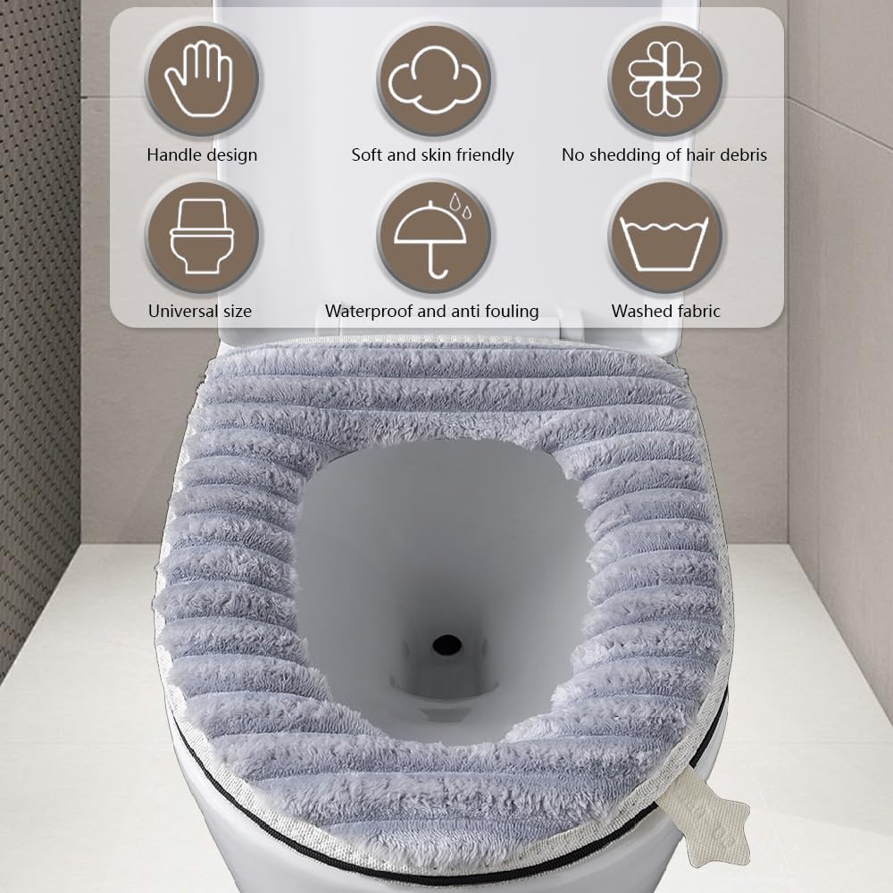 Toilet Seat Warmer Cover,Bathroom Soft Thicker Warmer with Zipper Snaps Fixed Stretchable Washable Fiber Cloth Toilet Seat Covers Pads Easy Installation& Cleaning (Gray)