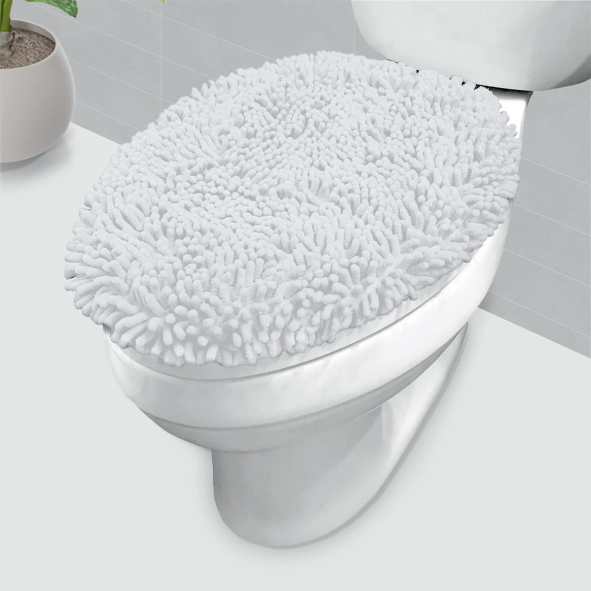 LuxUrux Premium Chenille Microfiber Toilet Lid Cover, Soft Plush Toilet Seat Cover Set for Bathroom, Non-Slip Stretch Fit, Machine Washable, Fits Standard & Elongated Toilet Seat Lid (Light Gray)