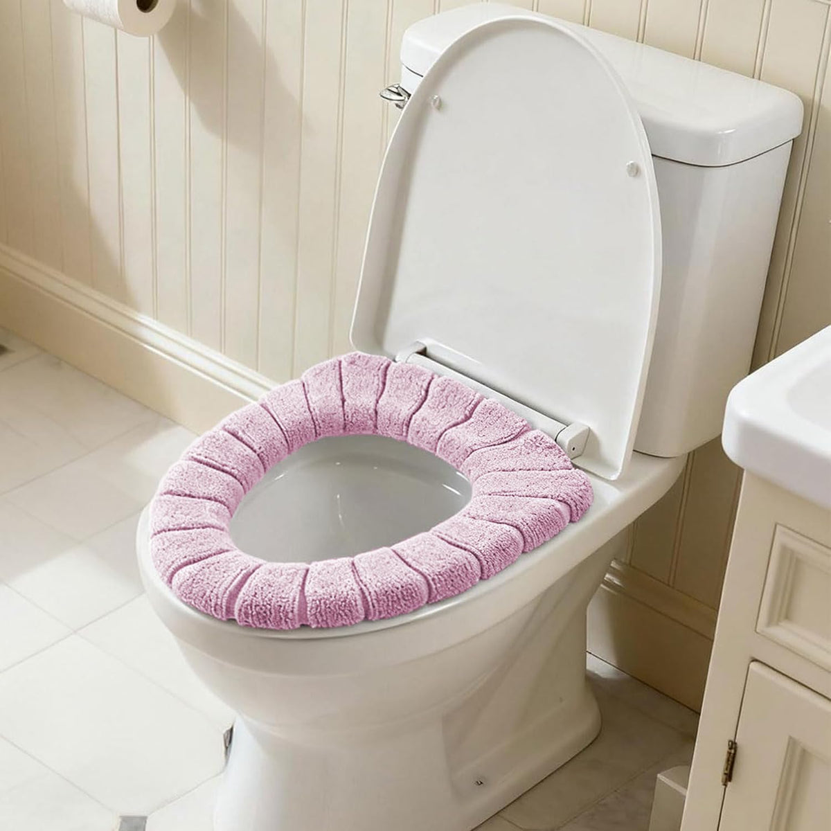 2 PCS Soft Thicker Plush Bathroom Toilet Seat Cover Pads Stretchable Washable Cloth Design for Universal Fit O/U/V/Rectangular Toilets (Lavender)