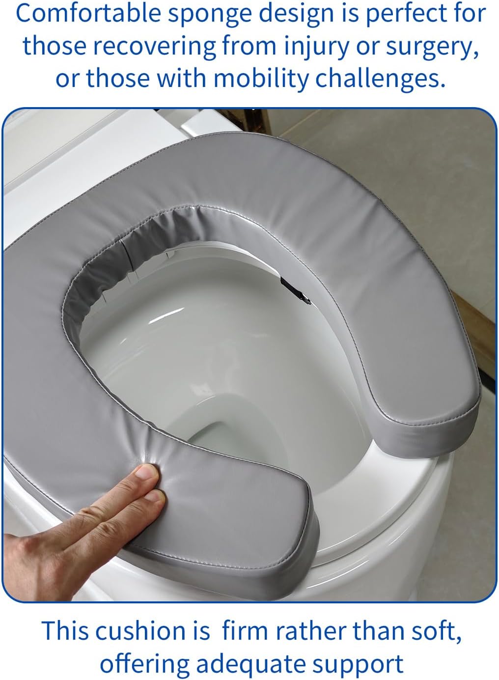 Padded Toilet Seat Cushion with 2-Inch High-Density Foam & Waterproof PU Fabric, U-Shape Padded Toilet Cushion - Secure Hook & Loop Tape, Fits Standard Toilets (Grey)