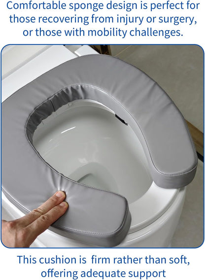 Padded Toilet Seat Cushion with 2-Inch High-Density Foam & Waterproof PU Fabric, U-Shape Padded Toilet Cushion - Secure Hook & Loop Tape, Fits Standard Toilets (Grey)