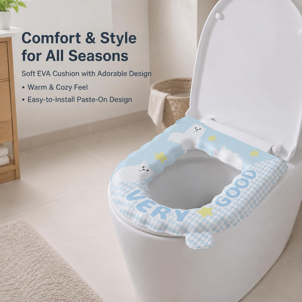 Cleanable Waterproof Toilet Seat Cushion, Round EVA Toilet Seat Cover 37x42cm, Blue Bear Cartoon Lace Padded Toilet Pad
