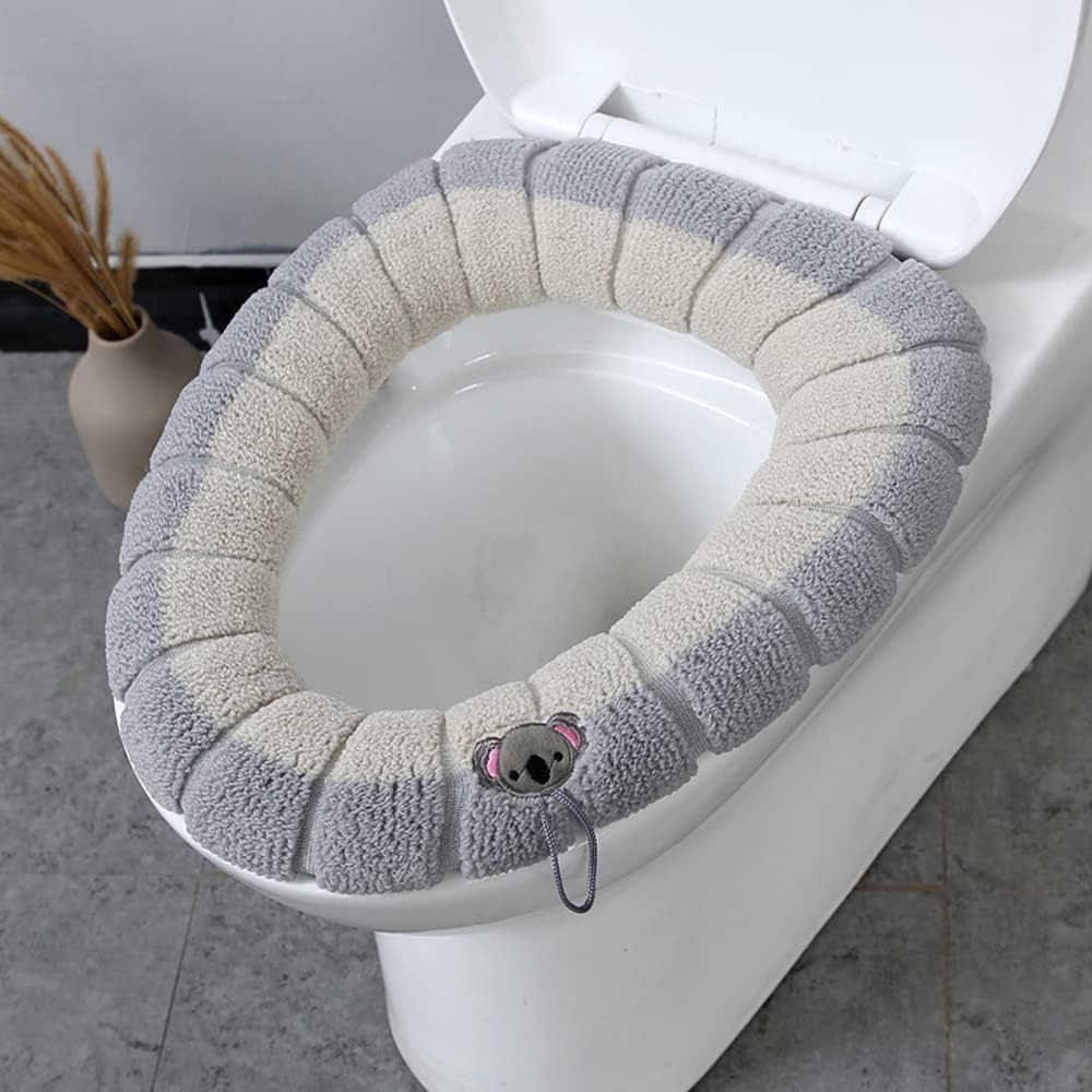 Bathroom Soft Thicker Warmer Stretchable Washable Cloth Toilet Seat Cover Pads with Handle, Toilet Seat Cushion Cover (Grey Beige)