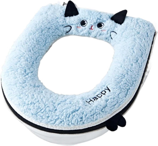Toilet Seat 2pcs Cartoon Cat-Shaped Toilet Seat Cover Soft Waterproof Bathroom Accessory Thickened for Warmth(Blue flower)