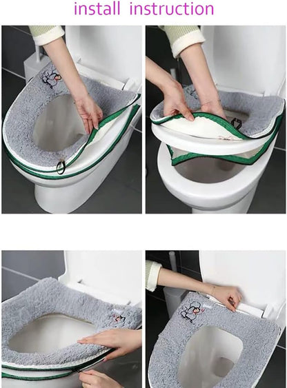 Warm Plush Washable Thicken Toilet Seat Cover Pads Mat with Handle and Zipper (Gray)