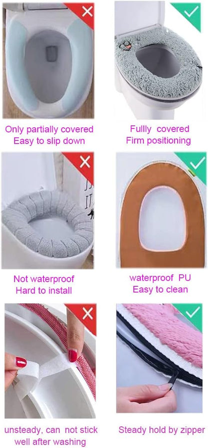 Warm Plush Washable Thicken Toilet Seat Cover Pads Mat with Handle and Zipper (Gray)