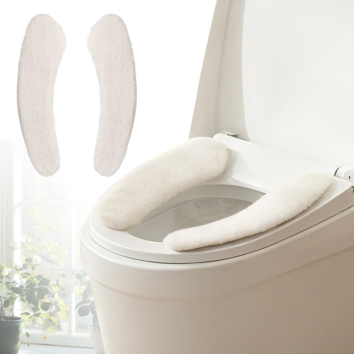 Plush Toilet Seat Cover Pads - Washable Warm Cushion, Soft Bathroom Warmer Mat - Universal Self Adhesive Design (White)