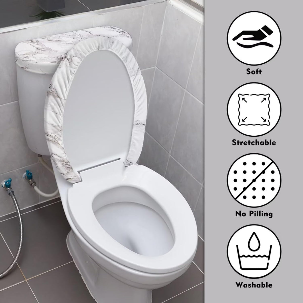 White Marble Lid Cover and Toilet Tank Lid Cover Set of 2,Modern Marble Print Toilet Decoration Replacement Novelty Decorations for Bathroom Accessory Fit Most Round Elongated and Oblong