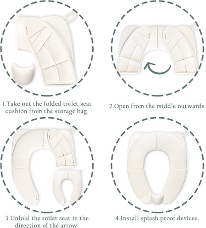 Kids Foldable Toilet Seat with Storage Bag - Training Urine Anti-Slip Toilet Seat Cover with Splash Guard for Children Toddlers, Portable & Travel-Friendly Easy Clean Universal Fit-White