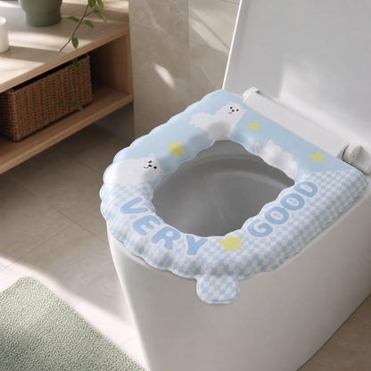 Cleanable Waterproof Toilet Seat Cushion, Round EVA Toilet Seat Cover 37x42cm, Blue Bear Cartoon Lace Padded Toilet Pad