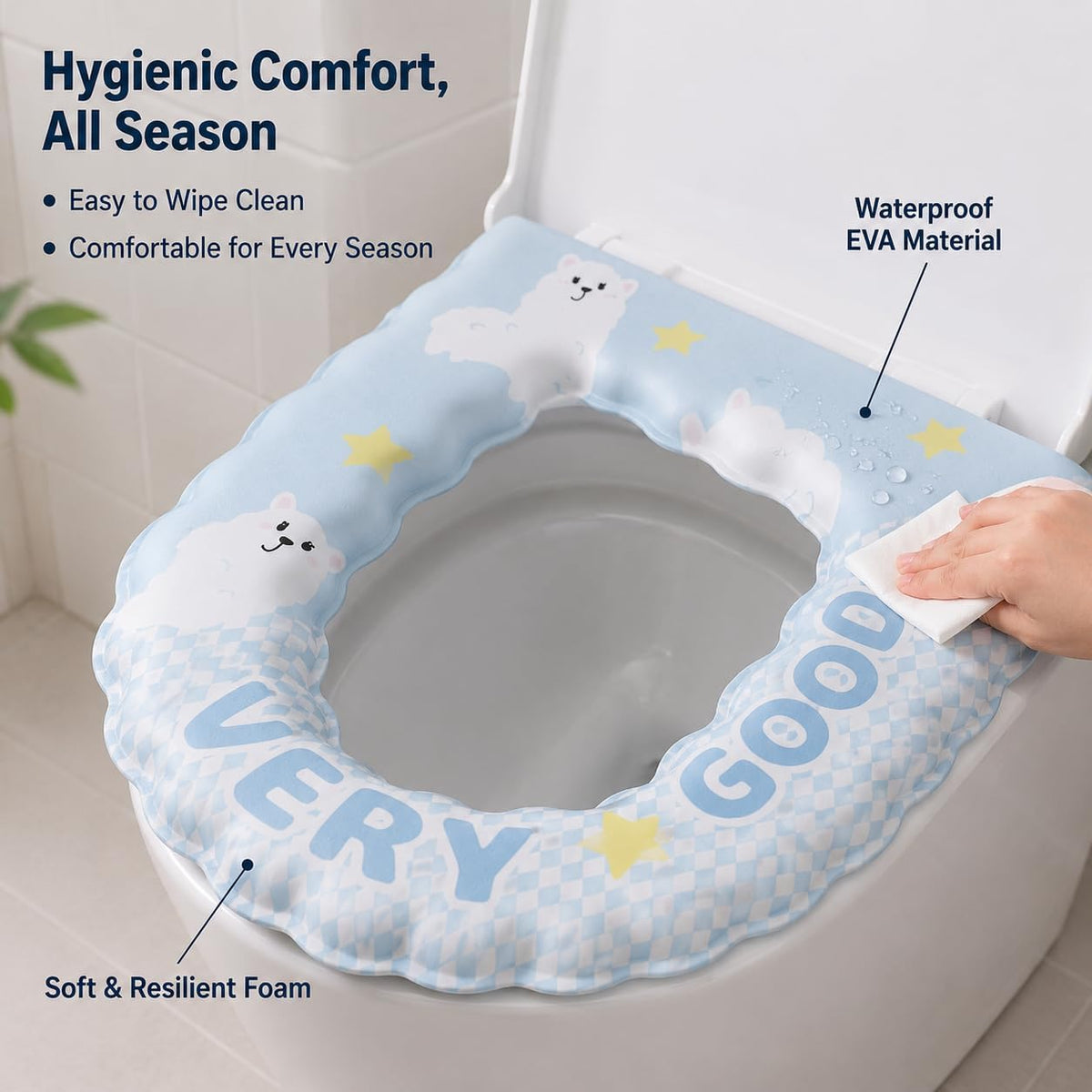 Cleanable Waterproof Toilet Seat Cushion, Round EVA Toilet Seat Cover 37x42cm, Blue Bear Cartoon Lace Padded Toilet Pad