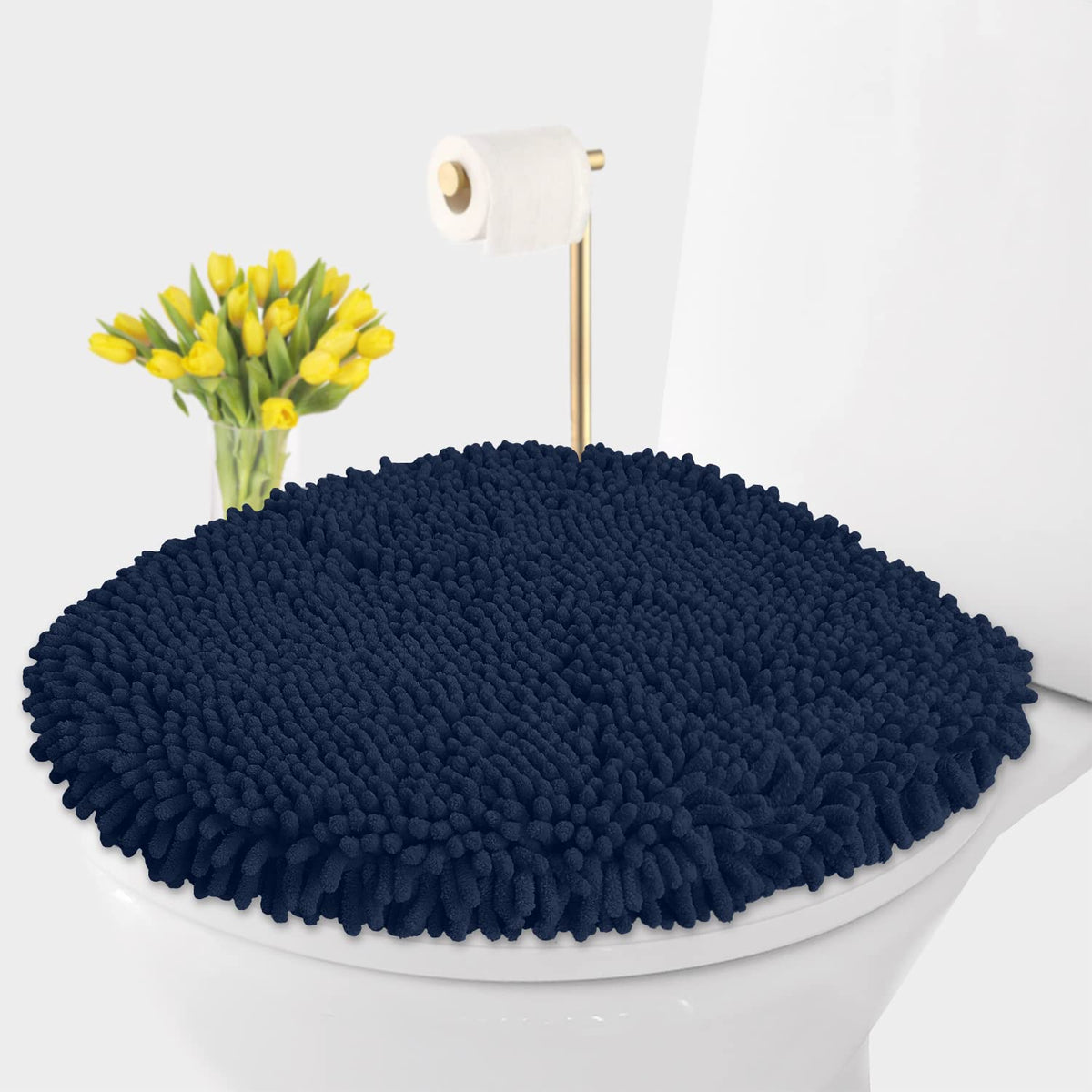 LuxUrux Premium Chenille Microfiber Toilet Lid Cover, Soft Plush Toilet Seat Cover Set for Bathroom, Non-Slip Stretch Fit, Machine Washable, Fits Standard & Elongated Toilet Seat Lid (Light Gray)