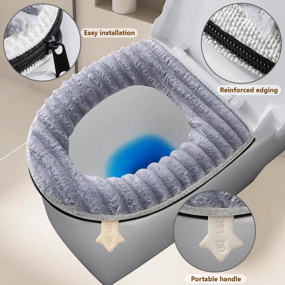 Toilet Seat Warmer Cover,Bathroom Soft Thicker Warmer with Zipper Snaps Fixed Stretchable Washable Fiber Cloth Toilet Seat Covers Pads Easy Installation& Cleaning (Blue)