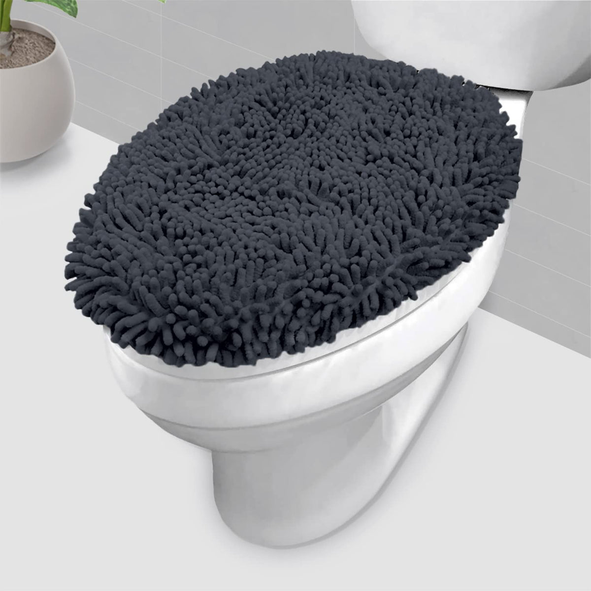 LuxUrux Premium Chenille Microfiber Toilet Lid Cover, Soft Plush Toilet Seat Cover Set for Bathroom, Non-Slip Stretch Fit, Machine Washable, Fits Standard & Elongated Toilet Seat Lid (Light Gray)