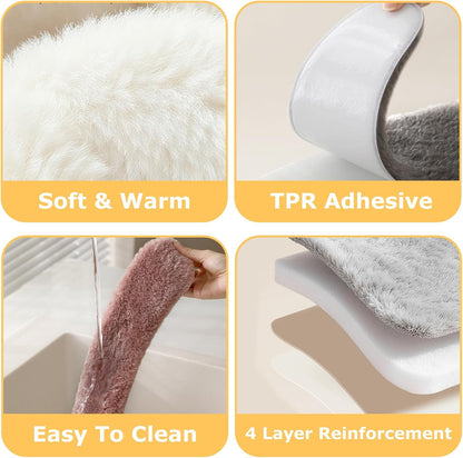 Plush Toilet Seat Cover Pads - Washable Warm Cushion, Soft Bathroom Warmer Mat - Universal Self Adhesive Design (White)