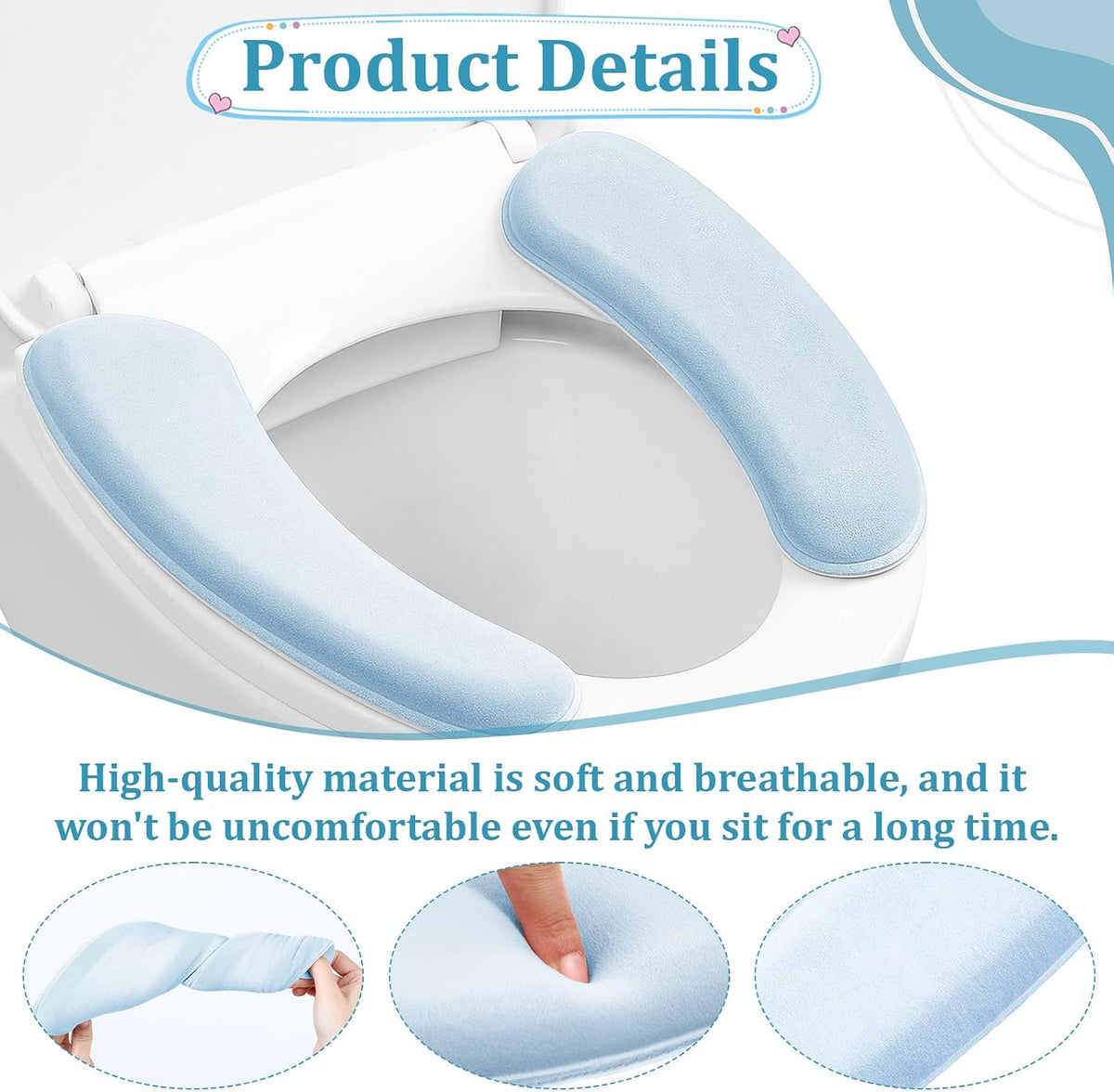 Toilet Seat Cover, Thick and Elastic Bathroom Toilet Seat Cushion Soft Polyester Fiber Sponge Cushioned Lid Cover, Non-Slip Washable Reusable Comfort Pad Seats Cushion for Most Toilets (Blue)