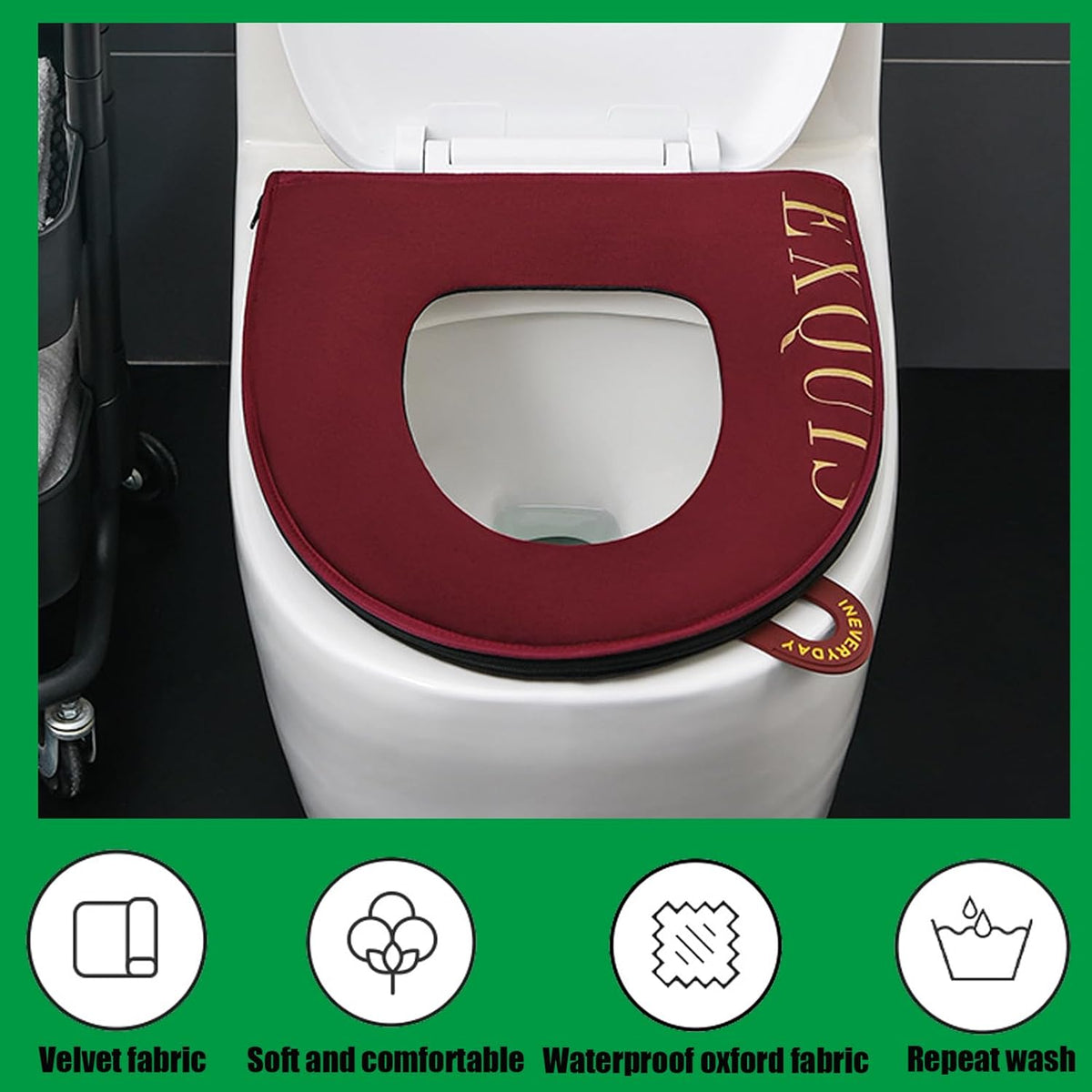 AOKLEY Toilet Seat Cushion, Soft Warm Toilet Cover Pads Washable Velvet Fabric Toilet Seat Covers Pads Reusable, Machine-Washable, Easy-Install (Burgundy)