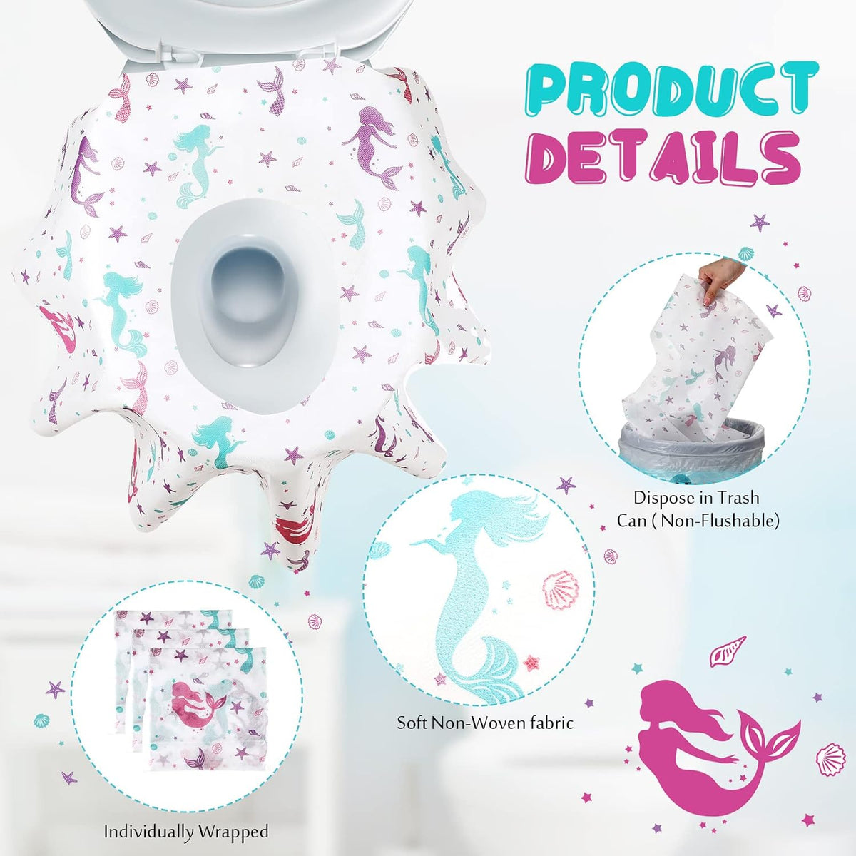 Kosiz 50 Pcs Toilet Seat Covers Disposable Extra Large Toddler Toilet Covers for Kids Adults in Public Restroom, Individually Wrapped Portable Toddler Potty Training Toilet Seat Covers (Mermaid)