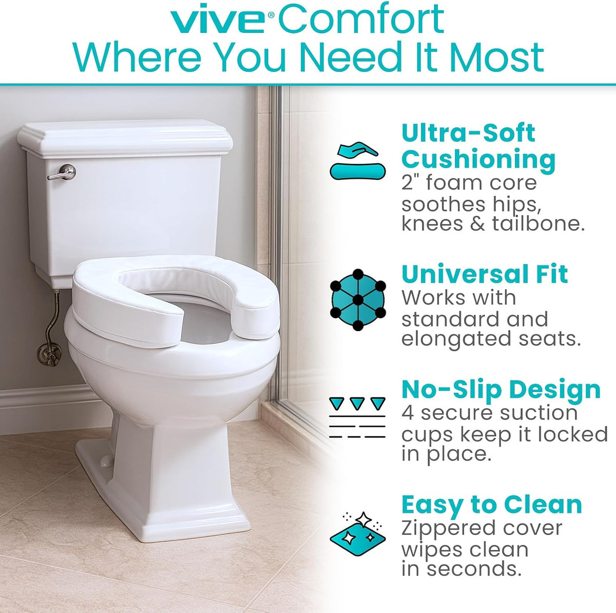 Vive Toilet Seat Cushion (Soft Cushioned Foam) - Easy Clean Soft Padded