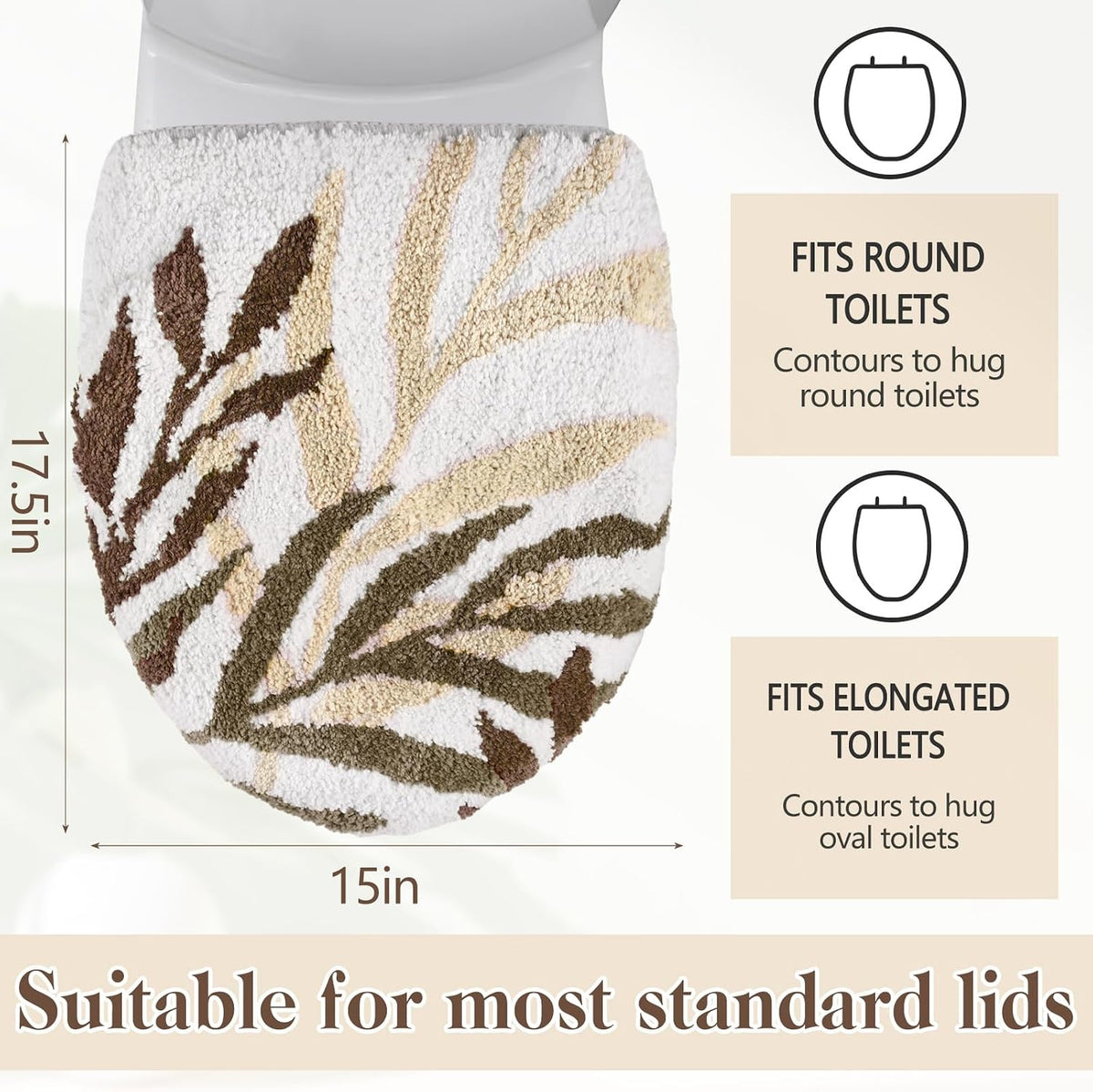 Mindsoft Brown Leaves Toilet Seat Covers Bathroom Toilet Lid Cover Soft Microfiber 17.5'' x 15'' Plush Tufted, Machine Washable, Adjustable Rubber Backing Fits Most Round Elongated Oblong Lids
