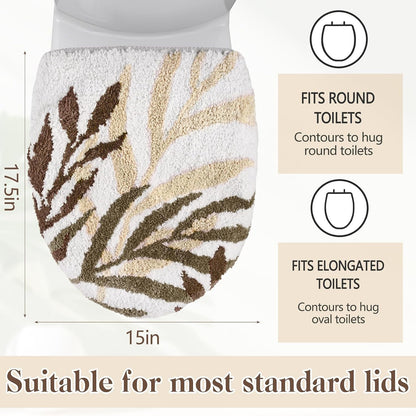 Mindsoft Brown Leaves Toilet Seat Covers Bathroom Toilet Lid Cover Soft Microfiber 17.5'' x 15'' Plush Tufted, Machine Washable, Adjustable Rubber Backing Fits Most Round Elongated Oblong Lids