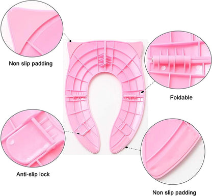 Toilet Potty Training Seat Cover, Travel Toilet Seat, Folding Non Slip Silicone Pads, Travel Portable Reusable Kids Toddlers Boys Girls, Carry Bag (Pink)