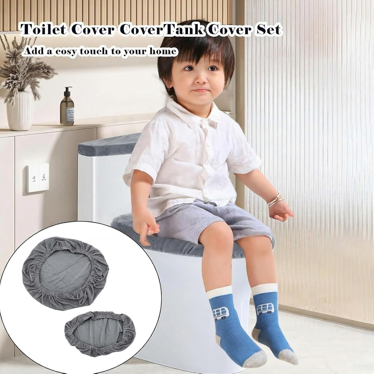 Toilet Seat Cover Grey Toilet Lid Cover and Toilet Tank Cover Set, Universal Toilet Cover Set with Elastic Bottom for Bathroom Decor Accessories，Toilet Lid Cover and Toilet Tank Cover Washable