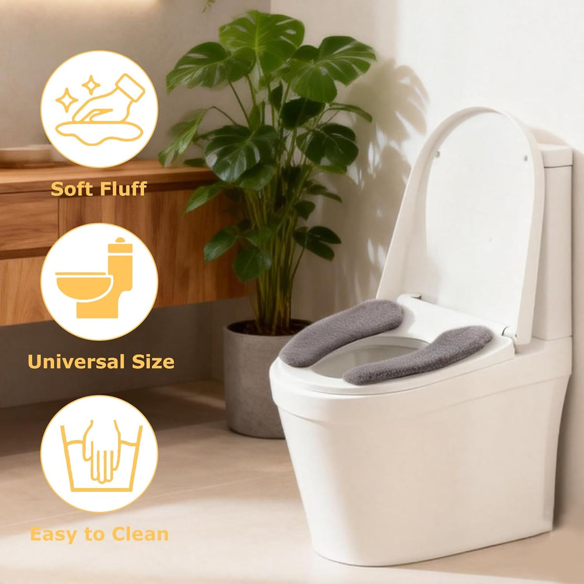 Plush Toilet Seat Cover Pads - Washable Warm Cushion, Soft Bathroom Warmer Mat - Universal Self Adhesive Design (White)