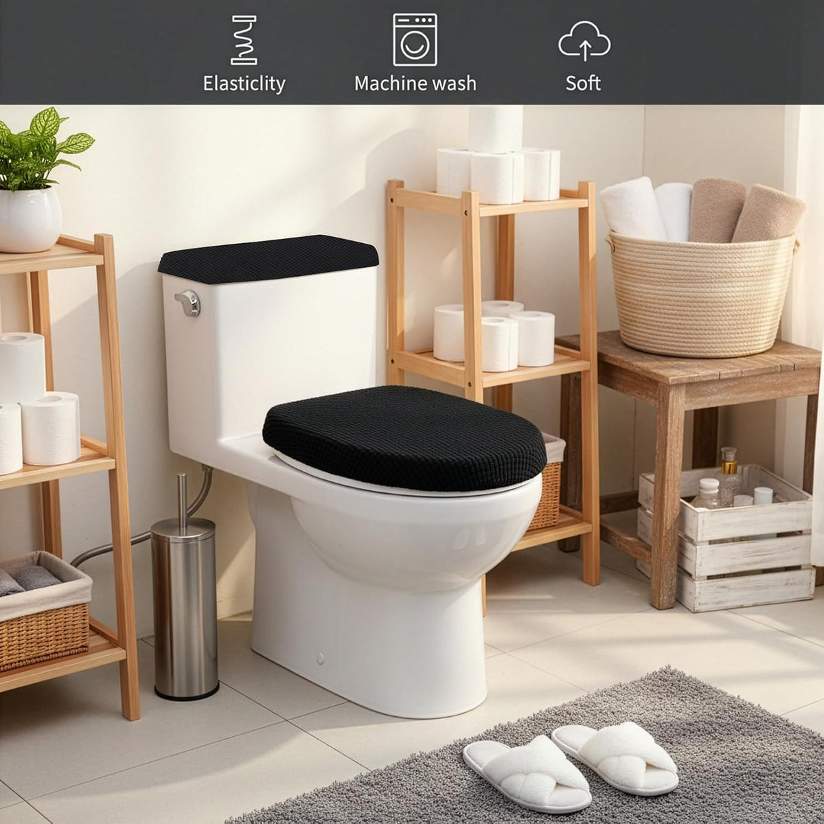 Universal Black Polyester Toilet Lid and Tank Cover Set with Elastic Bottom, Easy Maintenance, Stain Protection, Fabric Cover for Toilet Top and Back of Tank Replacement
